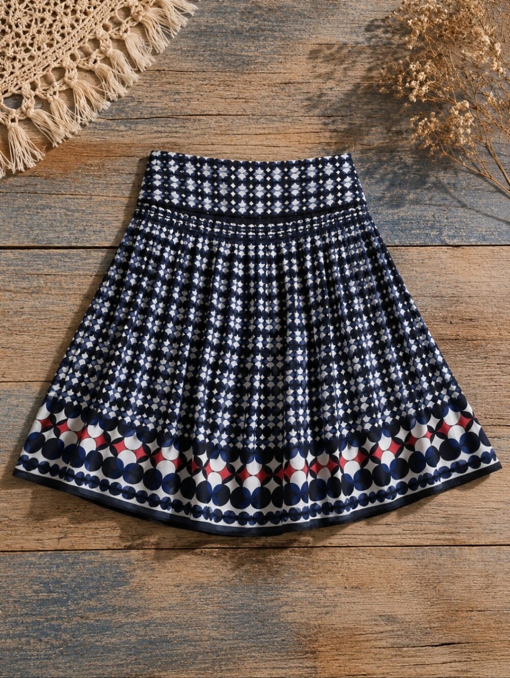 Max Studio ~ Blue Red Black Geometric Pleated Chiffon Mini Skirt~Small